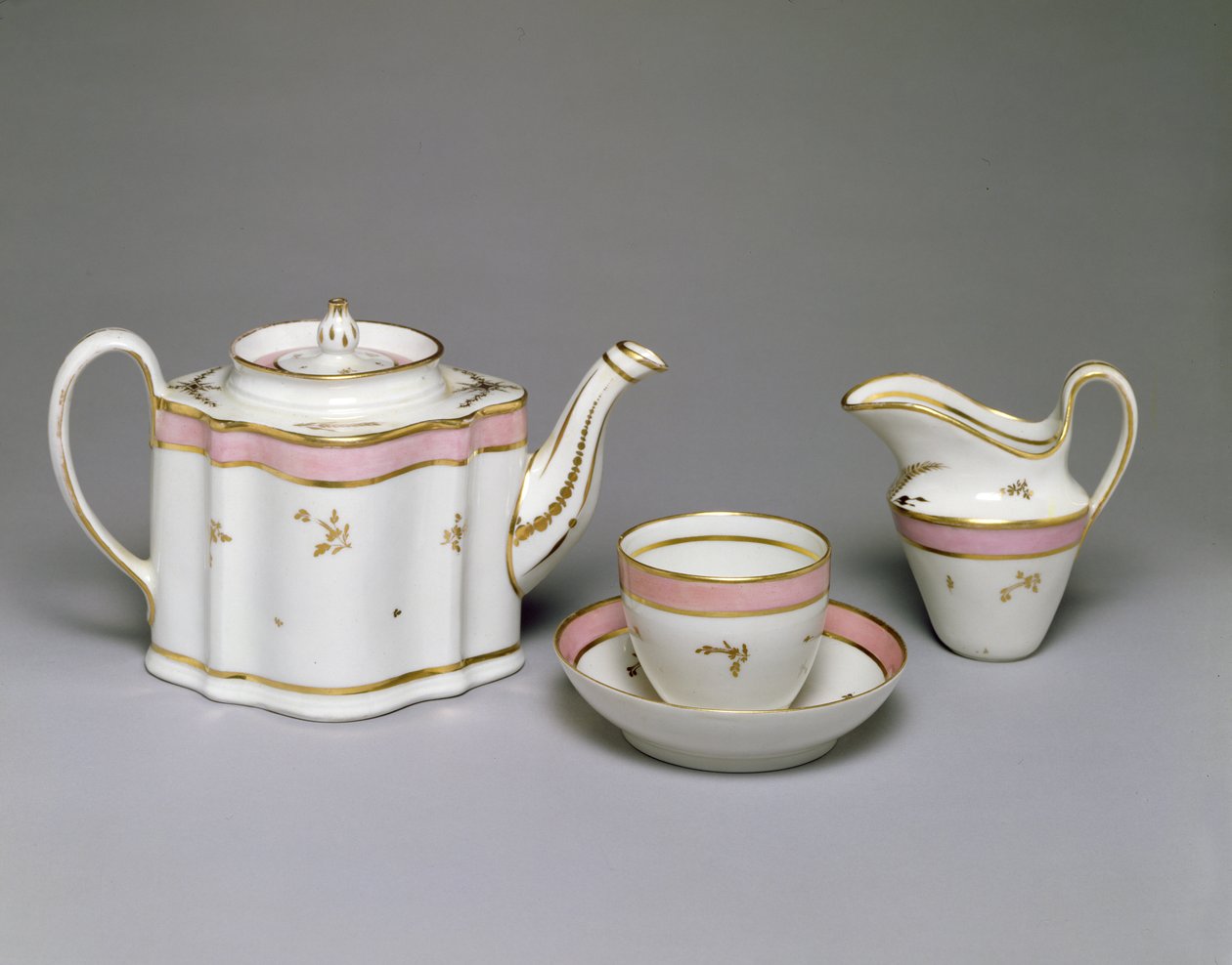 New Hall Teapot, Jug, Cup and Saucer with Enamel and Gilt Decoration, c.1790-1800 by English School