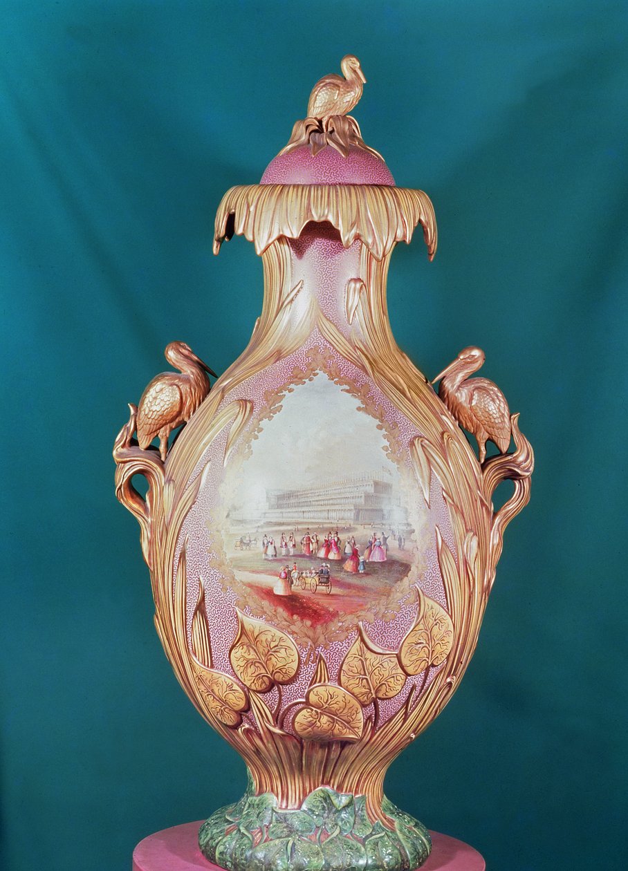 Stoneware Gilt Vase depicting Queen Victoria visiting the Great Exhibition, made by Charles Neigh and Sons by English School