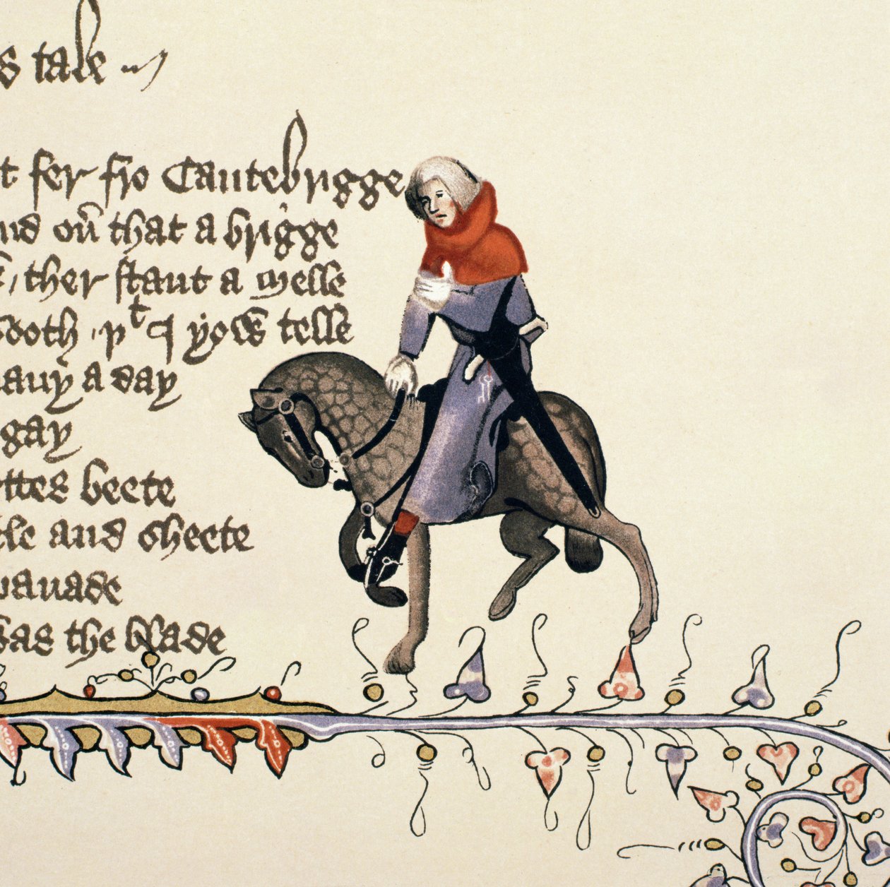 The Reeve (detail) from The Canterbury Tales, by Geoffrey Chaucer, Ellesmere Manuscript, facsimile edition, 1911 by English School