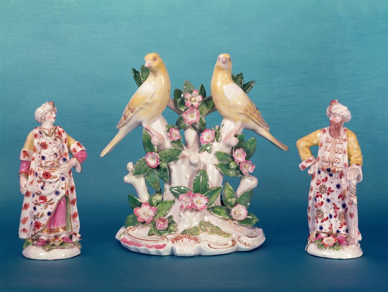 Worcester figures of a Turk and his companion with birds, Dr. Wall period, c.1770 by English School