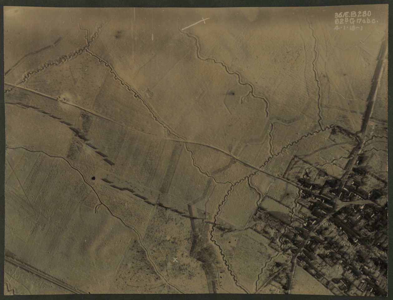 Aerial photograph with WWI trenches, 1918 by English Photographer