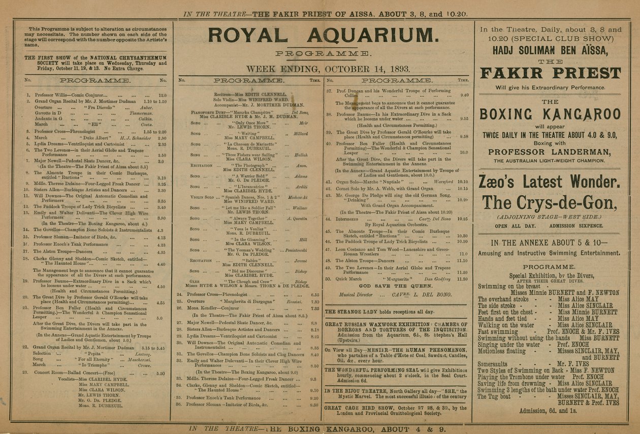 Programme of Events at the Royal Aquarium by English School