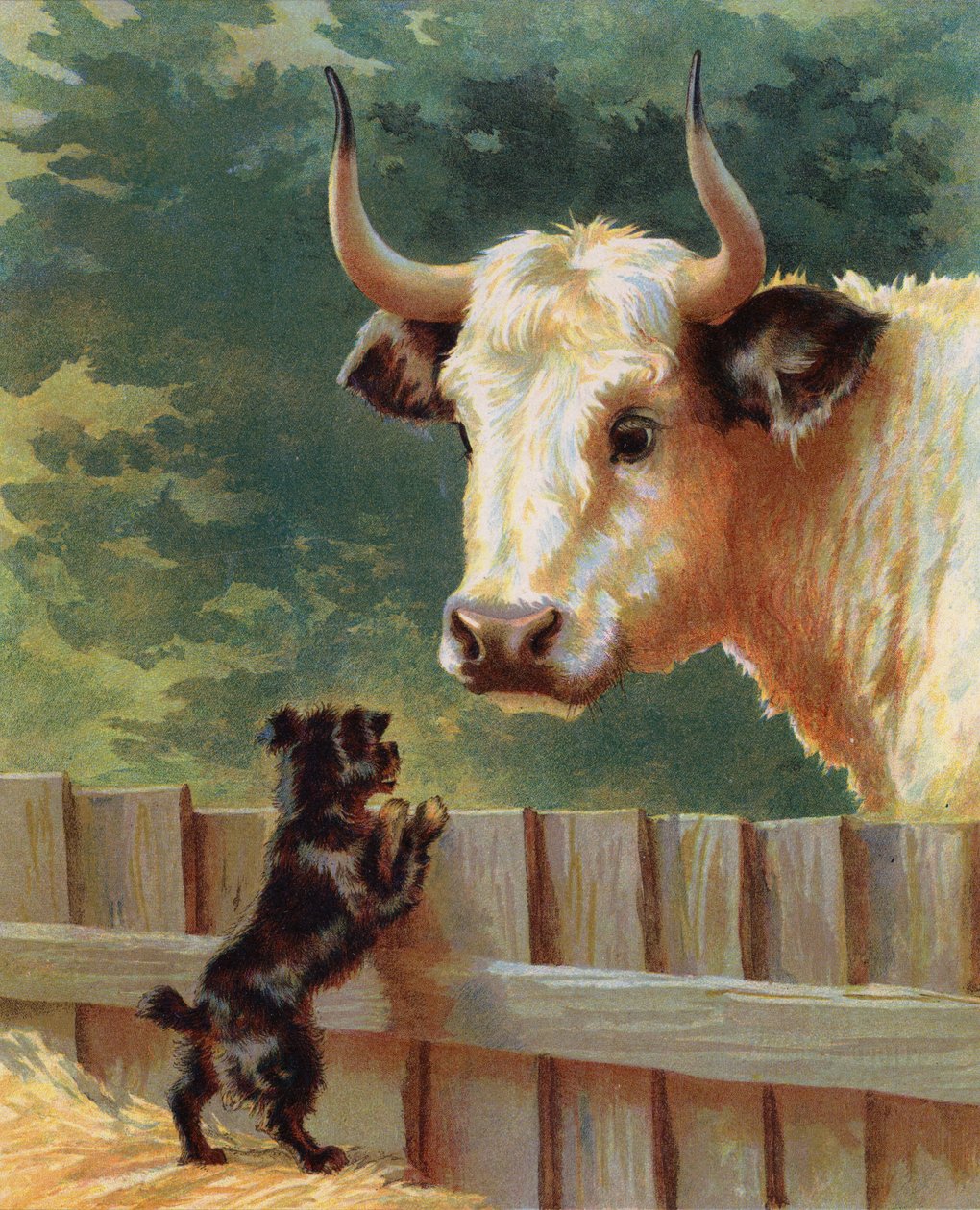 Puppy Confronting a Bull on a Farm by English School