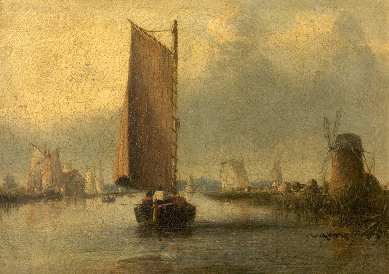 River Scene with Shipping by English School