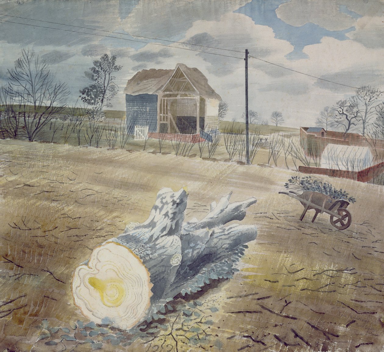 Tree Trunk and Wheelbarrow by Eric Ravilious