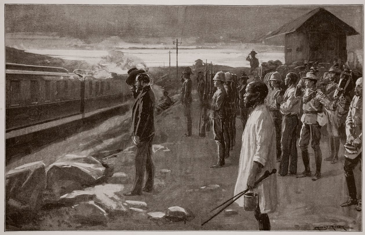 The Train Conveying the Remains of Mr. Rhodes Saluted by the Blockhouse Guards on its Way to the Matopos Hills by Ernest Prater