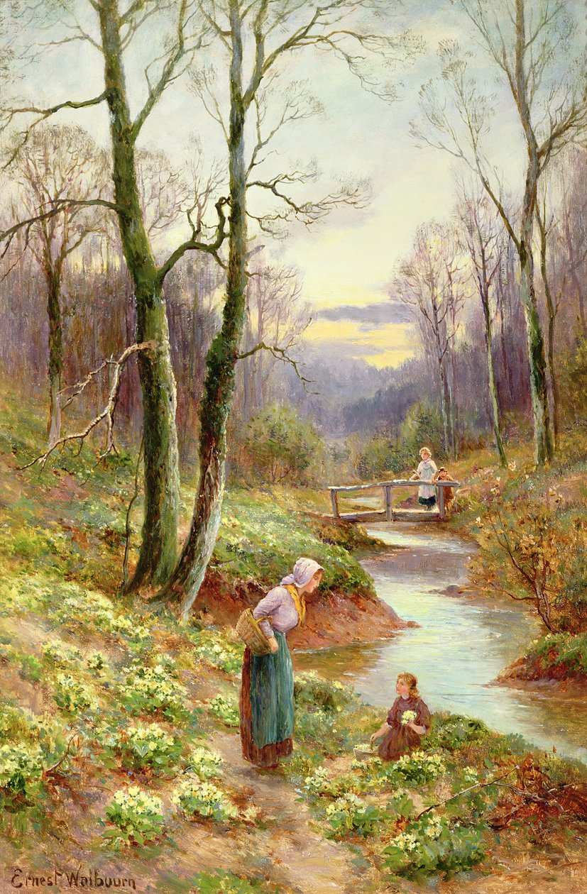 Picking primroses by the stream by Ernest Walbourn
