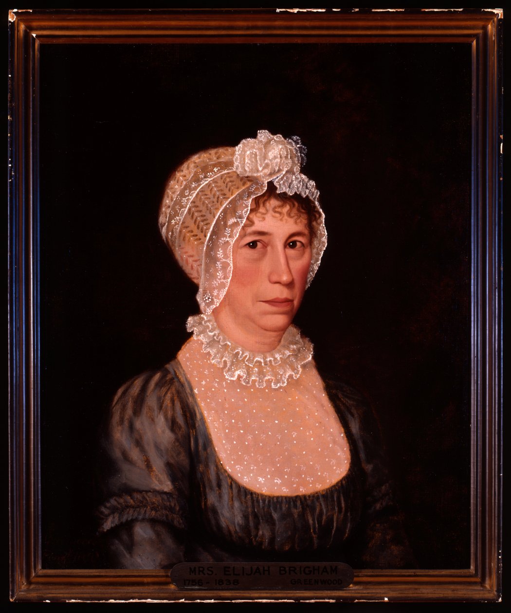 Half Length Portrait of Sarah Ward Brigham Wearing a Lowcut Dress with Lace Detail, and a Lace Bonnet by Ethan Allen Greenwood