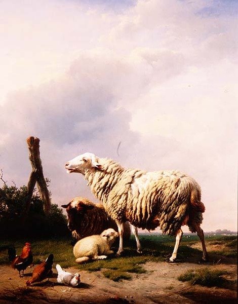 Sheep and Poultry in a Landscape by Eugene Joseph Verboeckhoven