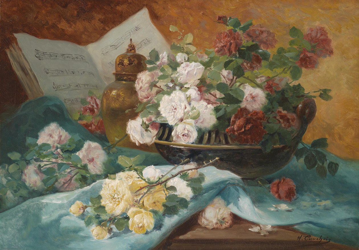 Still Life with Roses in a Bowl, Ornament, and Sheet Music by Eugene Henri Cauchois