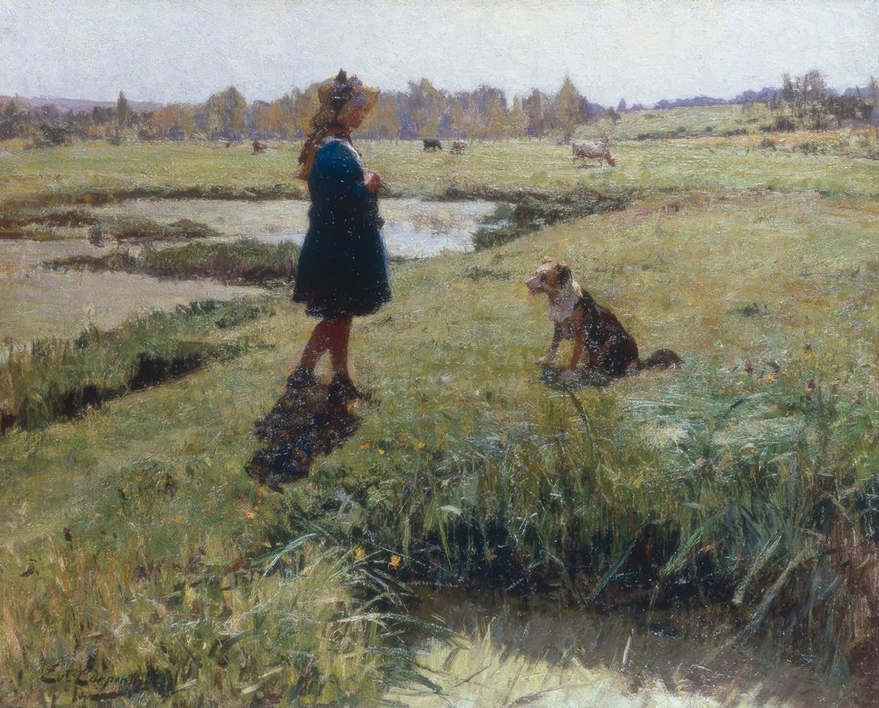 Young Girl and Her Dog in the Meadow by Evariste Carpentier