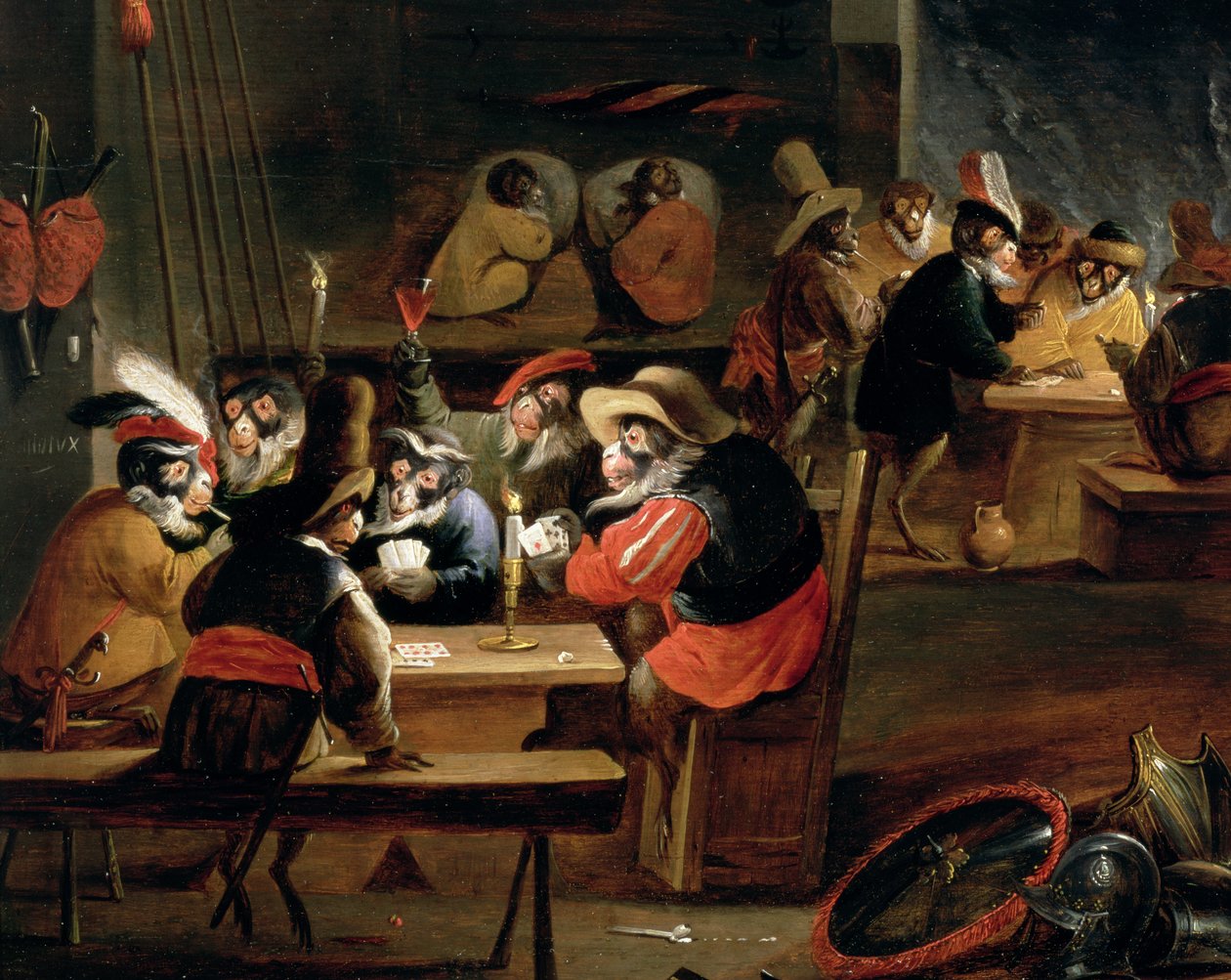 Monkeys in a Tavern, detail of the card game (detail) by Ferdinand van Kessel