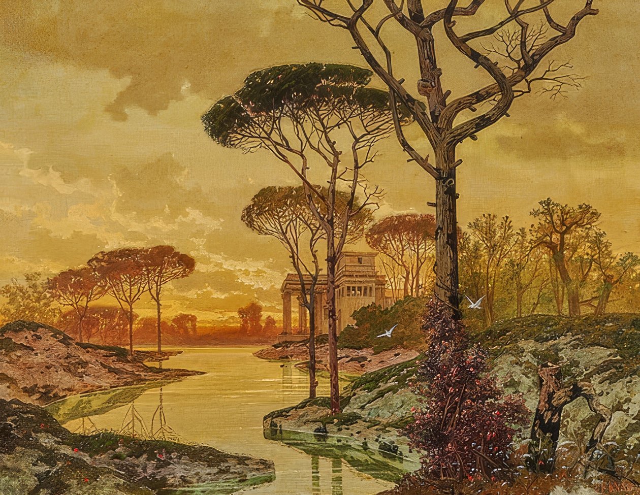 Evening Riverside Landscape with Antique Villa. 1901 by Ferdinand Knab