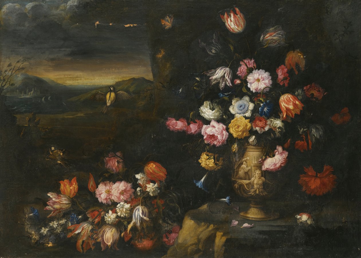 Still Life with Vase of Flowers in a Coastal Landscape Setting by Francesco Mantovano