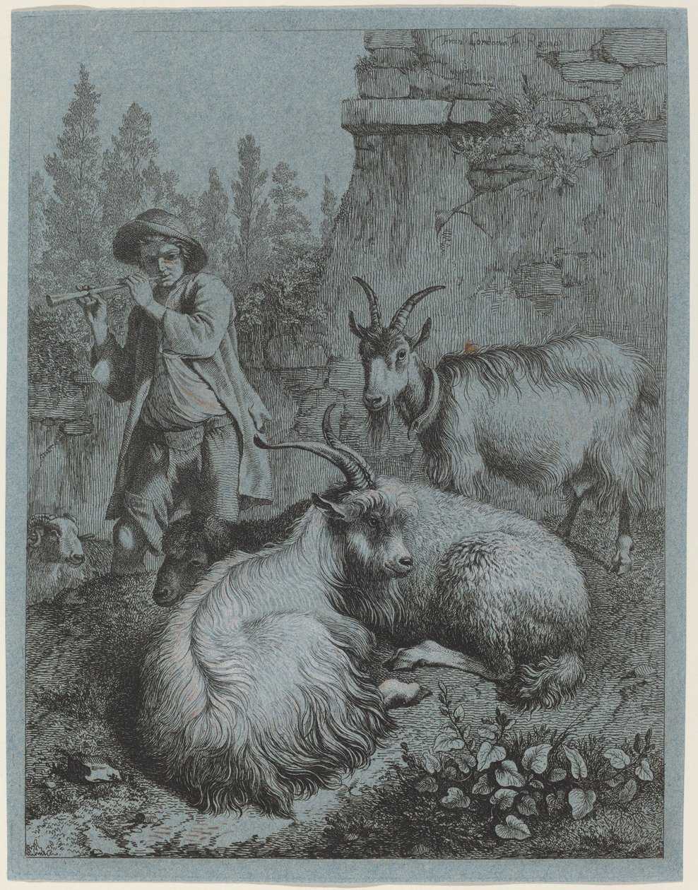 Goatherd Piping to Four Goats by Francesco Londonio