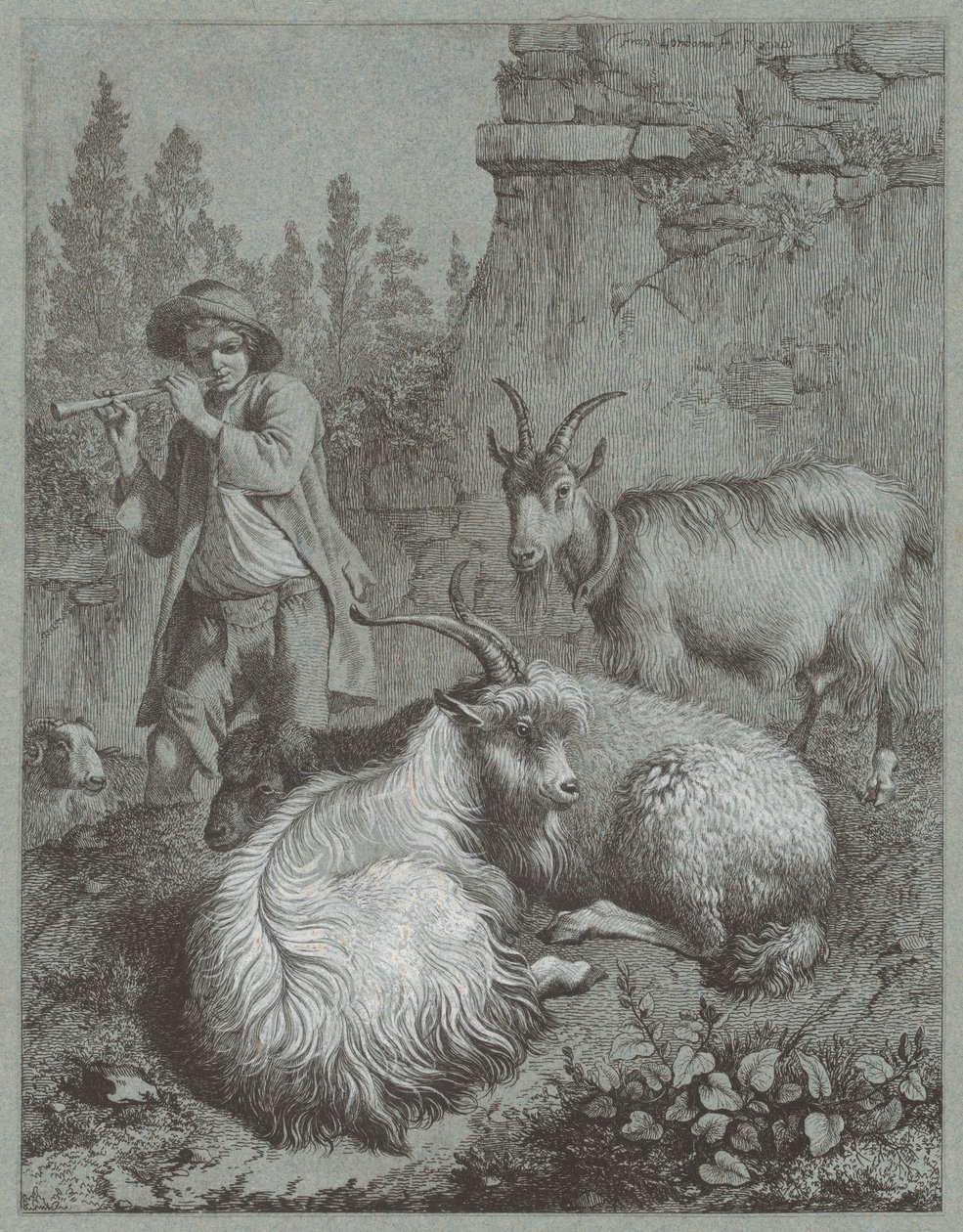 Shepherd Playing a Flute with Goats by Francesco Londonio