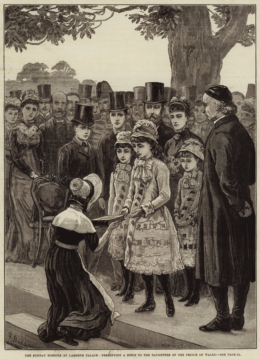 The Sunday Schools at Lambeth Palace, presenting a Bible to the Daughters of the Prince of Wales by Frank Dadd