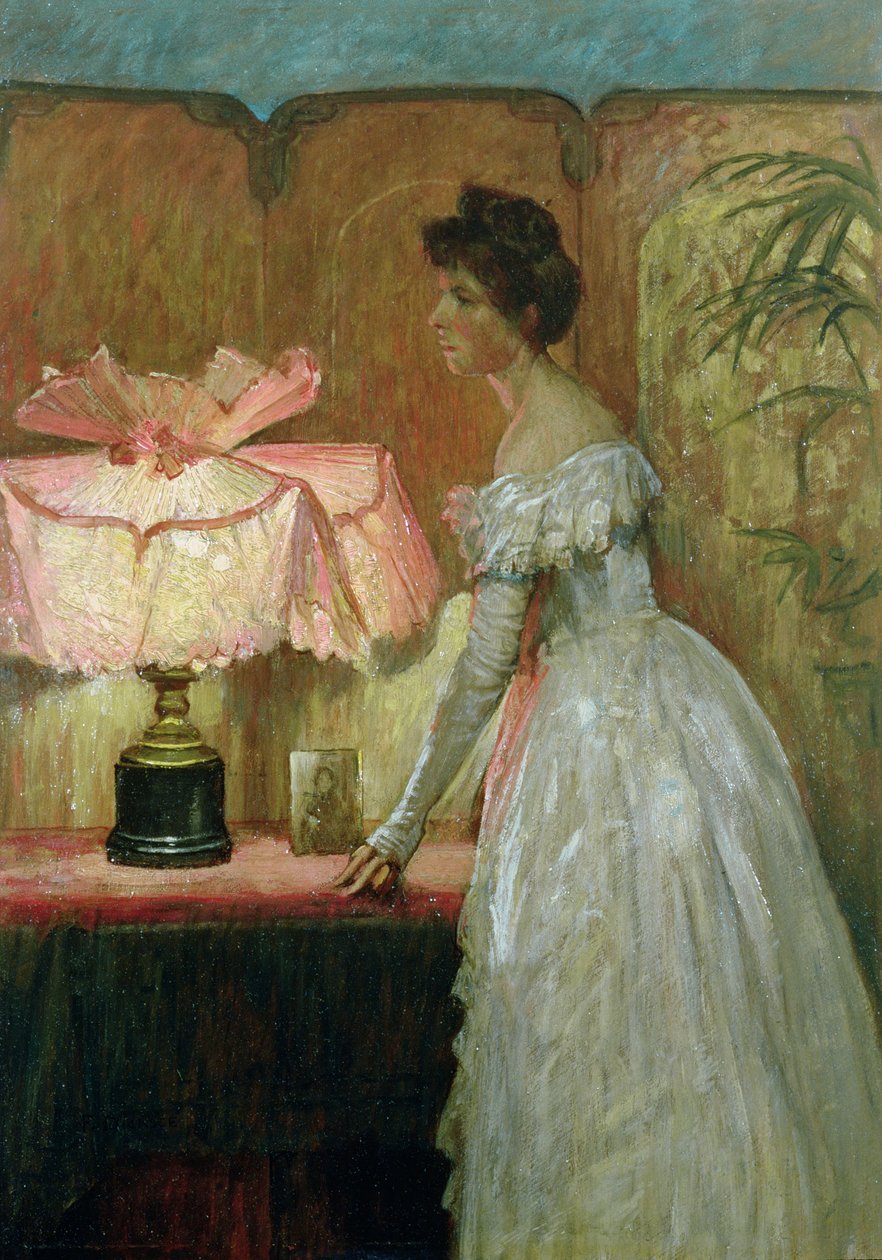 Lamplight Study of Interior with Lady by Frank Dicksee