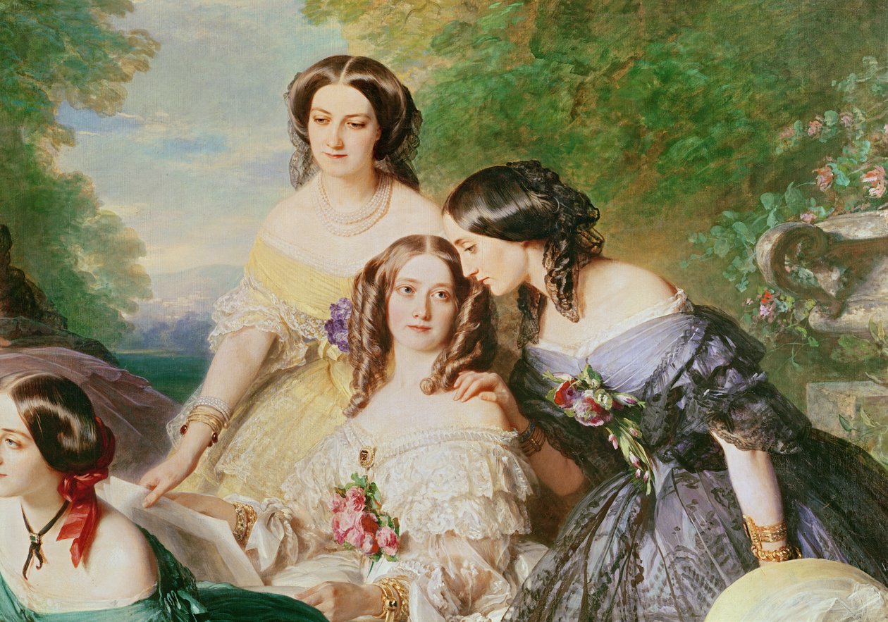 Empress Eugenie and her Ladies in Waiting, detail of Baronne de Malaret, nee Nathalie de Segur yellow dress, Marquise de las Marismas white dress & Marquise de La Tour Maubourg by Franz Xaver Winterhalter