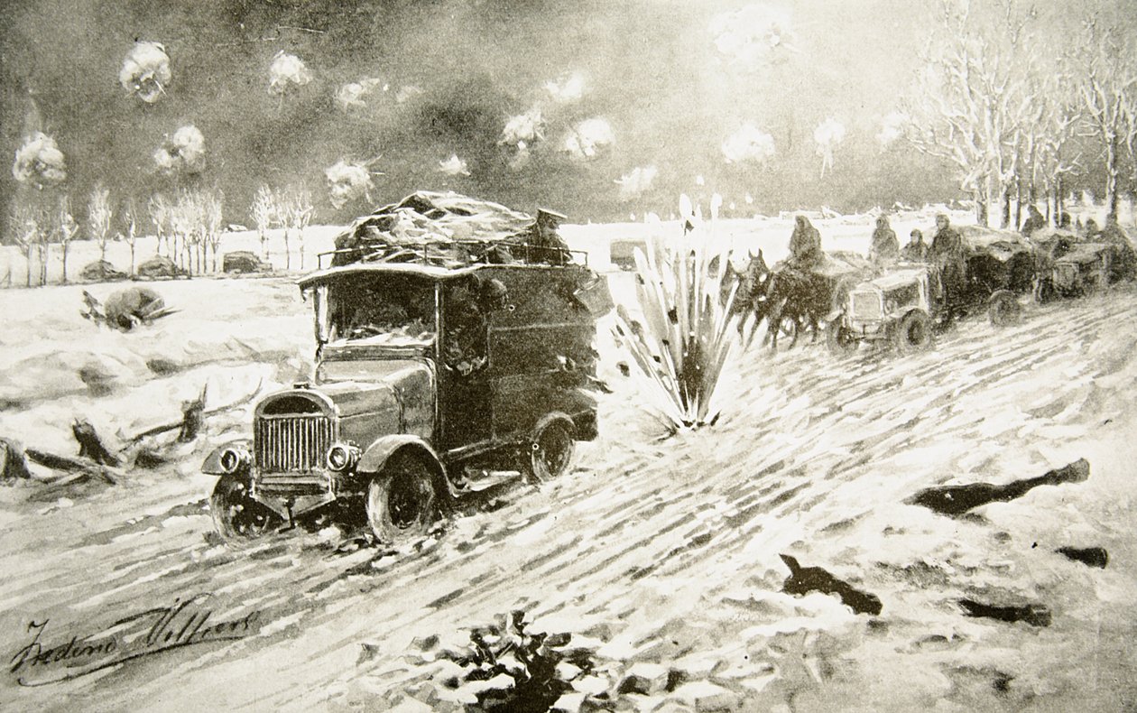 British Transport Train Making Its Way Under Heavy Shell Fire Along the Snow-Bound Ypres Roads by Frederic Villiers