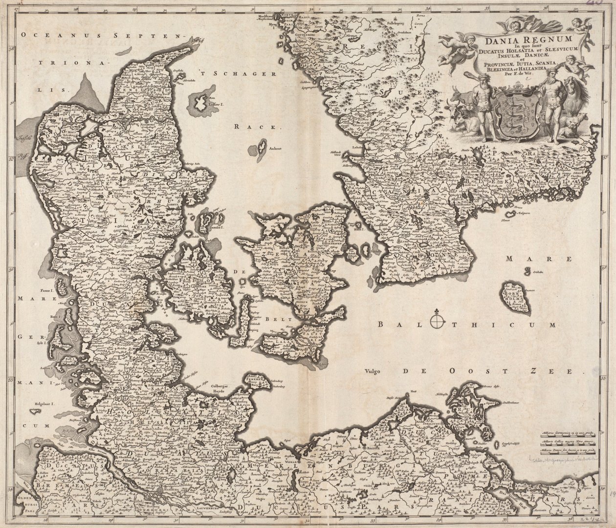 Kingdom of Denmark with Duchies of Holstein and Schleswig, Danish Islands, and Provinces of Jutland, Scania, Blekinge, and Halland by Frederick de Wit