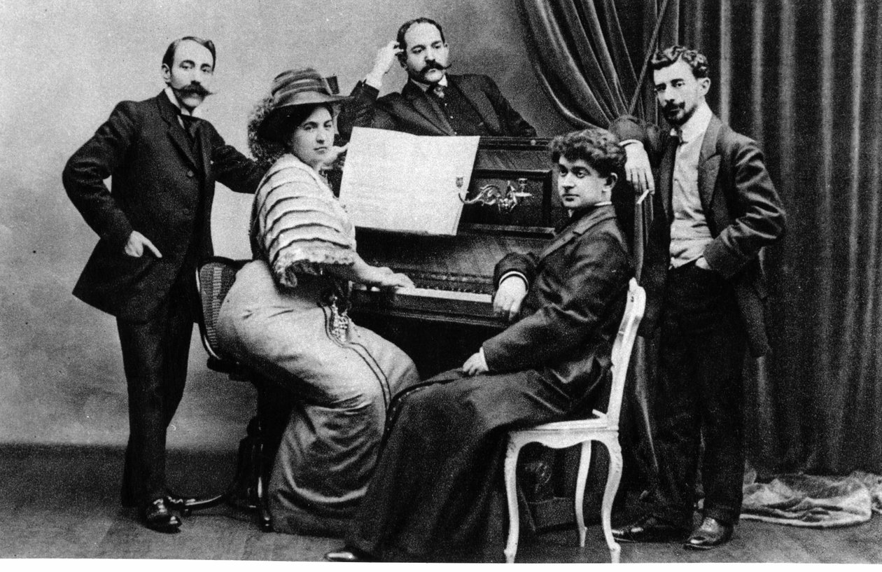 Group photograph of members of the Apaches - (L to R) Ricardo Vines, Madame and Monsieur Robert Mortier, Abbe Leonce Petit and Maurice Ravel, c.1900 by French Photographer