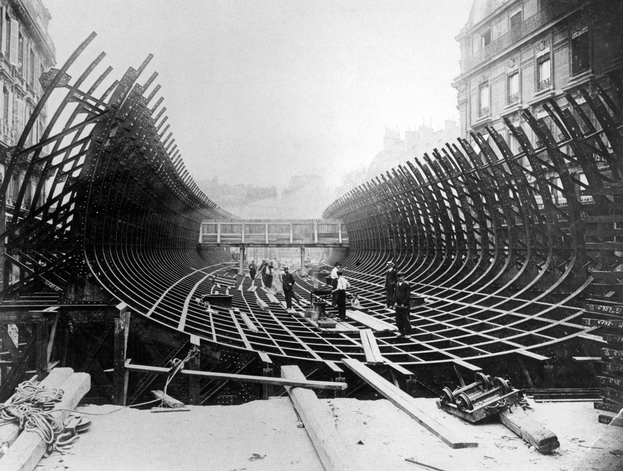 Work on the Paris Metro at Place Saint-Michel showing the construction of the Caisson prior to its being placed in the river Seine, c.1906 by French Photographer