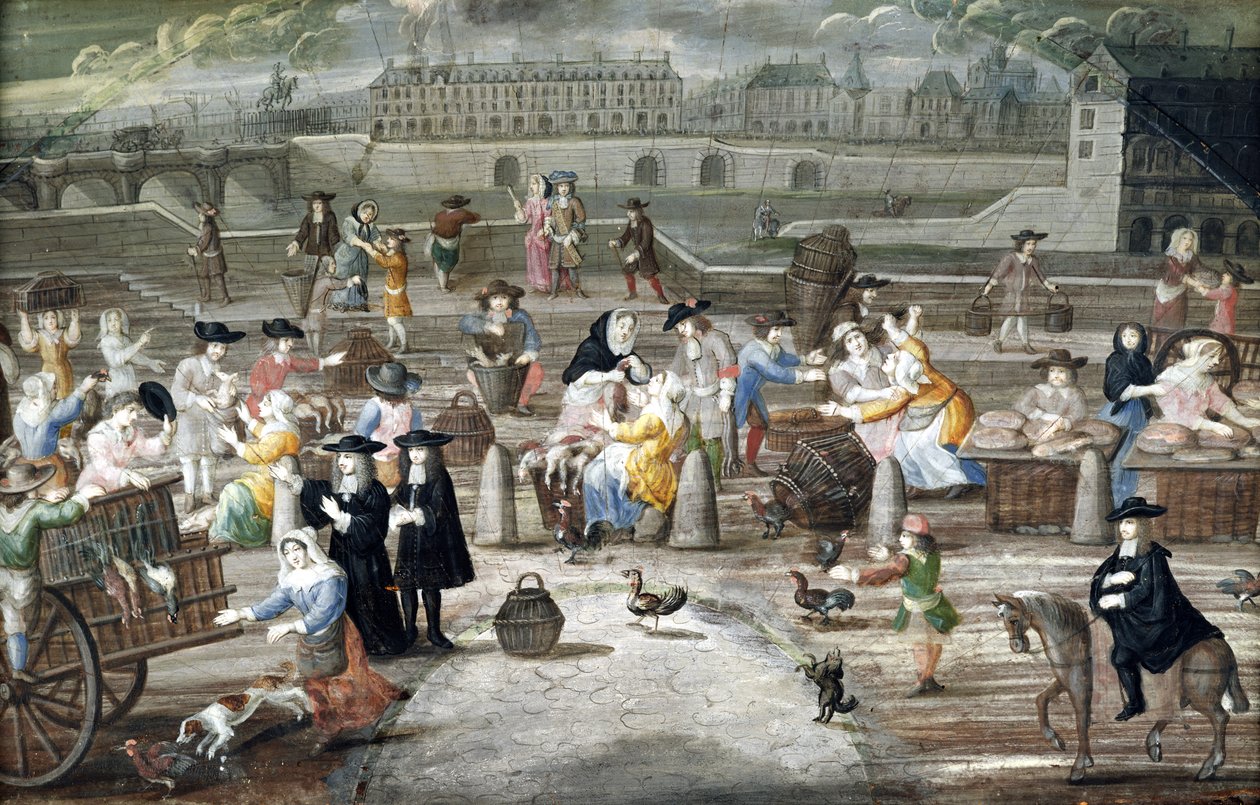 Bread and Poultry Market on Quai des Grands Augustins, painted for a fan by French School