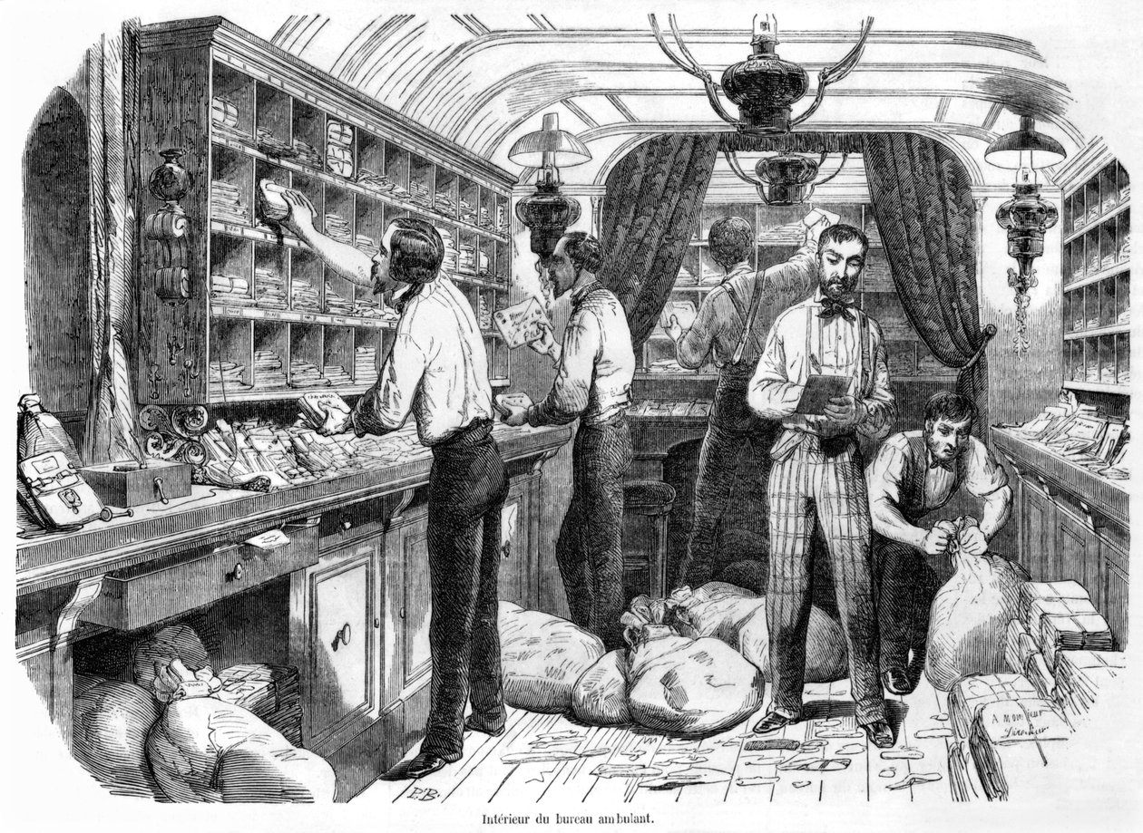 Interior of a French Railway Postal Wagon, illustration from 