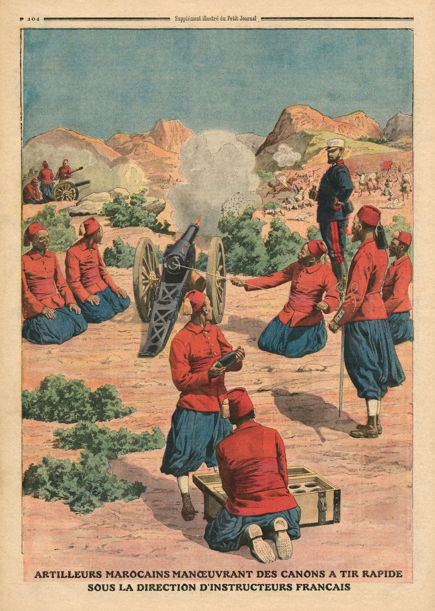 Moroccan artillerymen using cannons under the command of French instructors, illustration from 