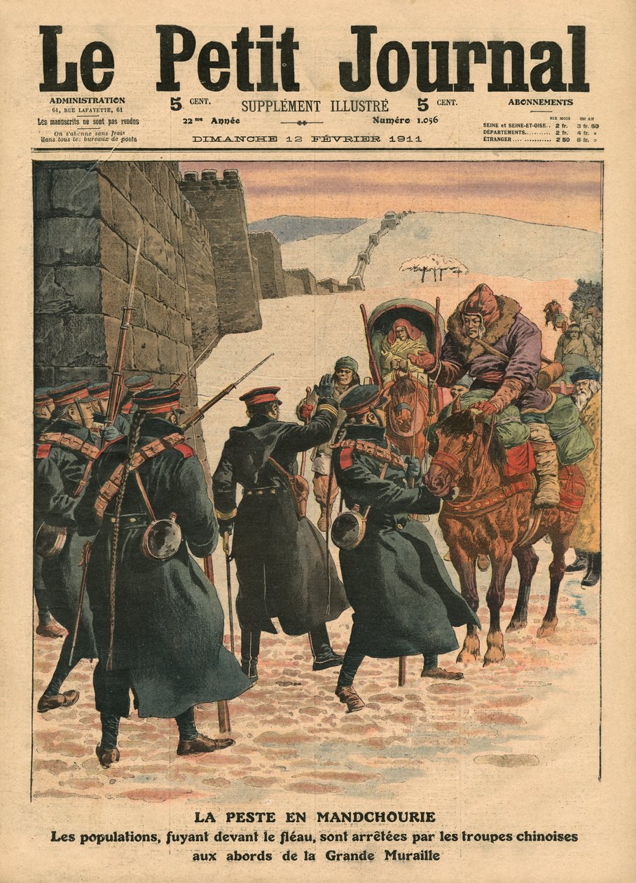 Plague in Manchuria, people fleeing the plague are stopped by Chinese troops before the Great Wall, illustration from 