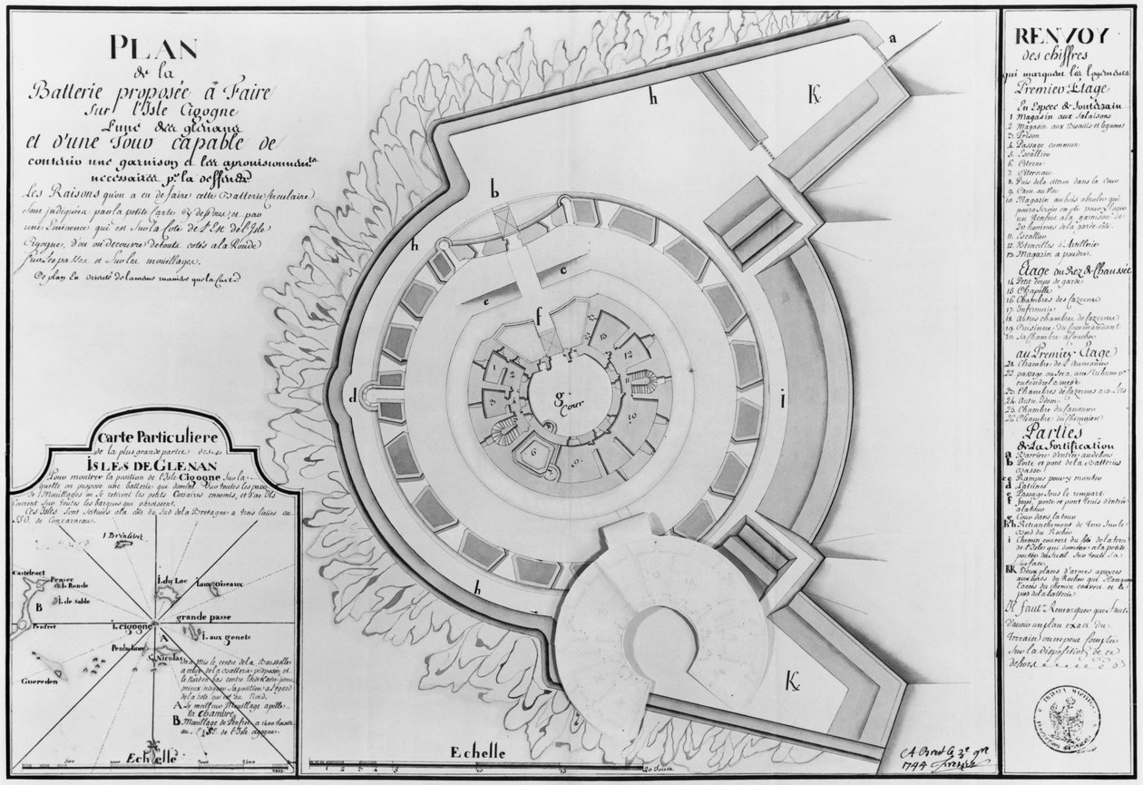 Plan of the Project of a Battery on the Ile Cigogne and Map of the Glenan Isles, 1745 by French School