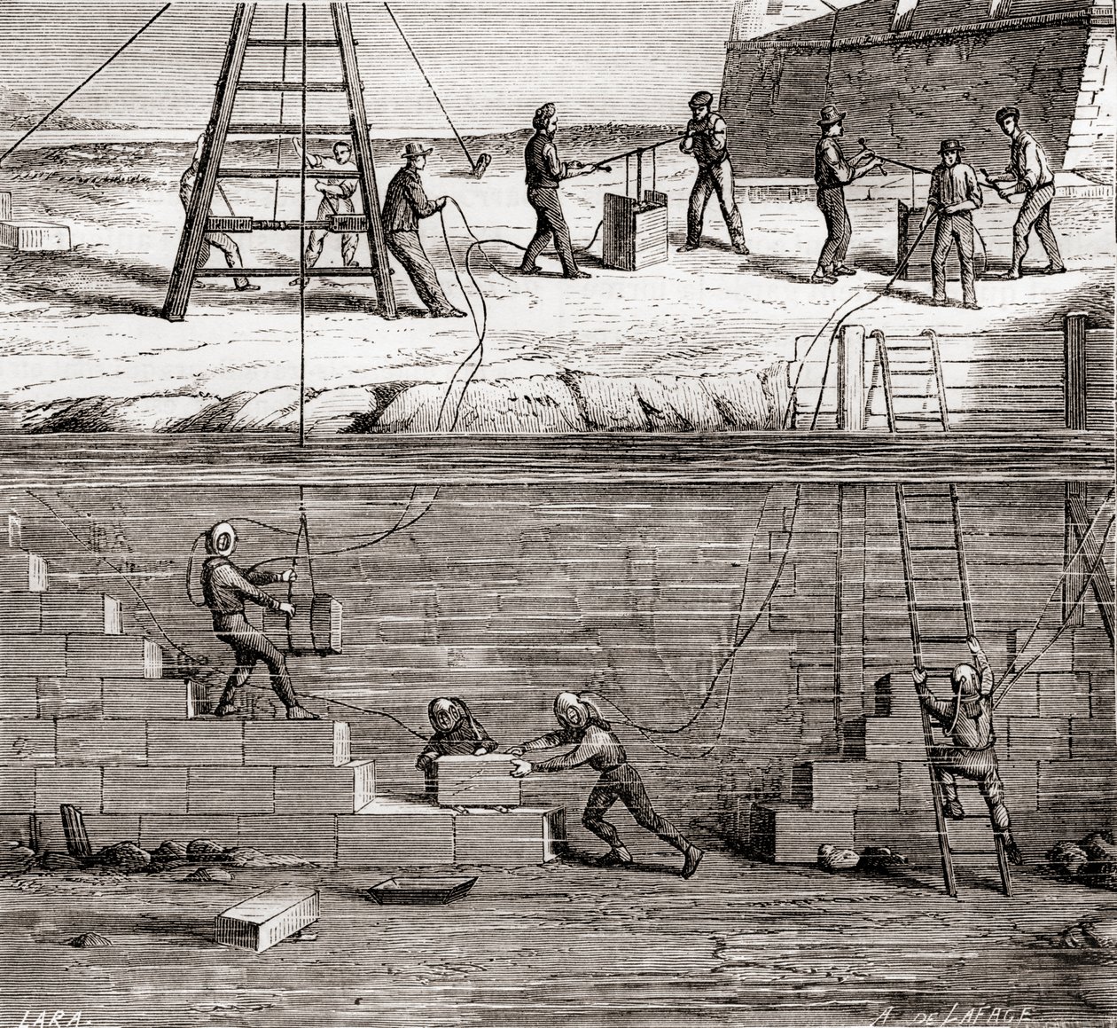 Workers in diving suits working on underwater constructions in the 19th century, from Les Merveilles de la Science, published c.1870 by French School