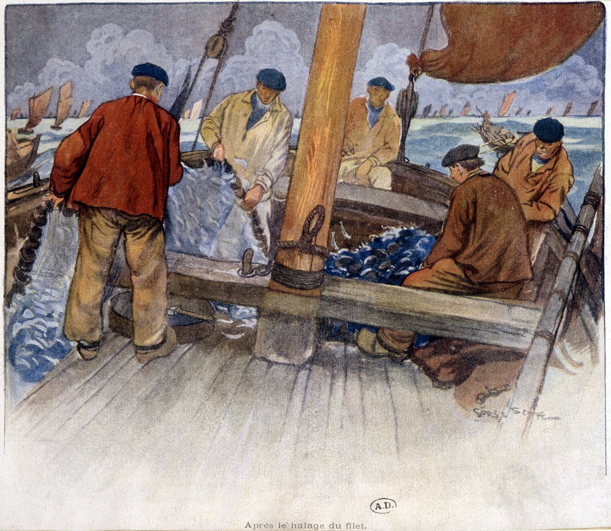 Fishermen Emptying a Net on Board by French School