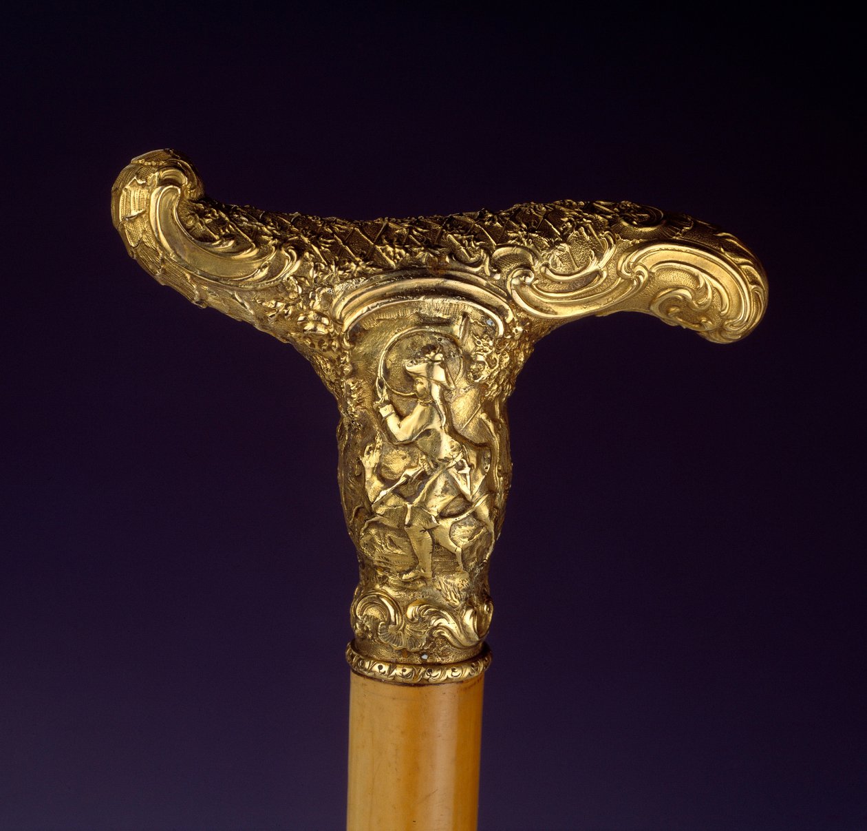 Golden silver cane handle. Hunting scene. France by French School