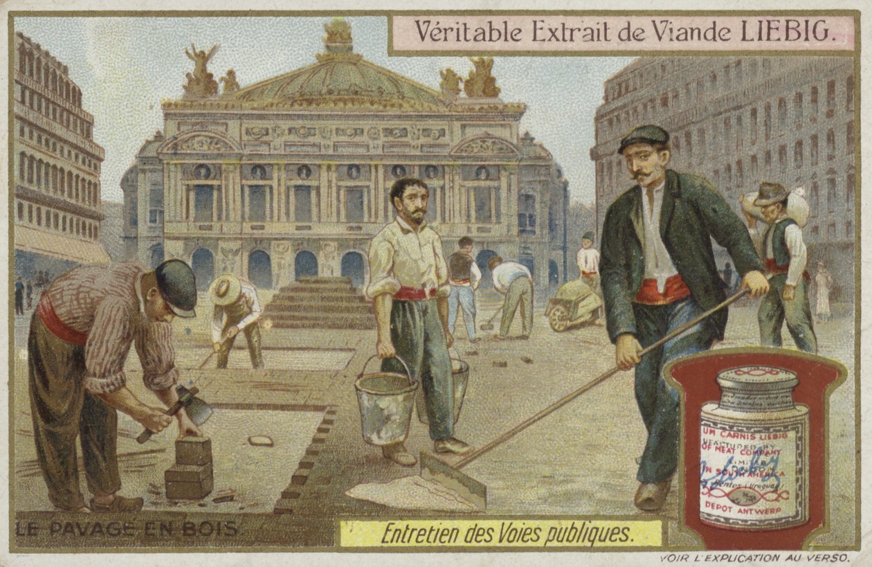 Liebig card featuring road maintenance by French School