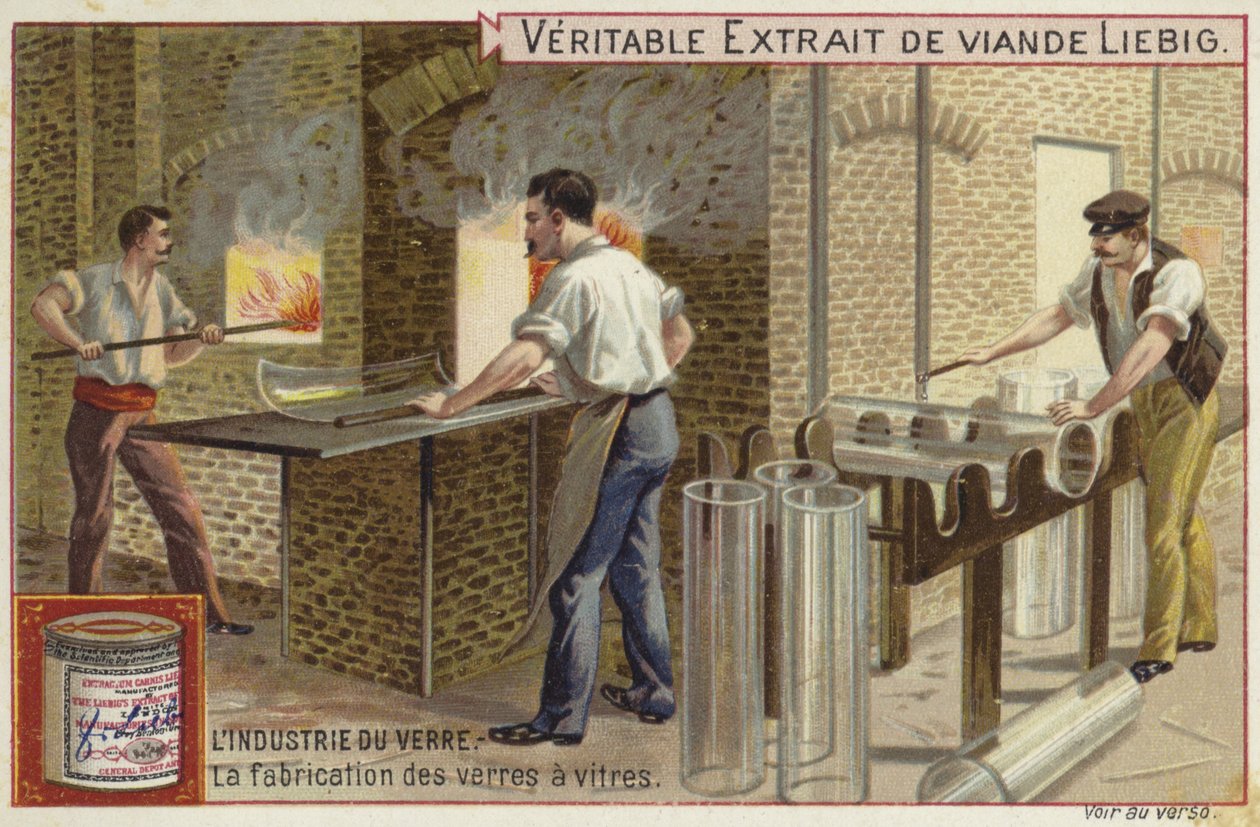 Liebig card featuring the glass industry by French School