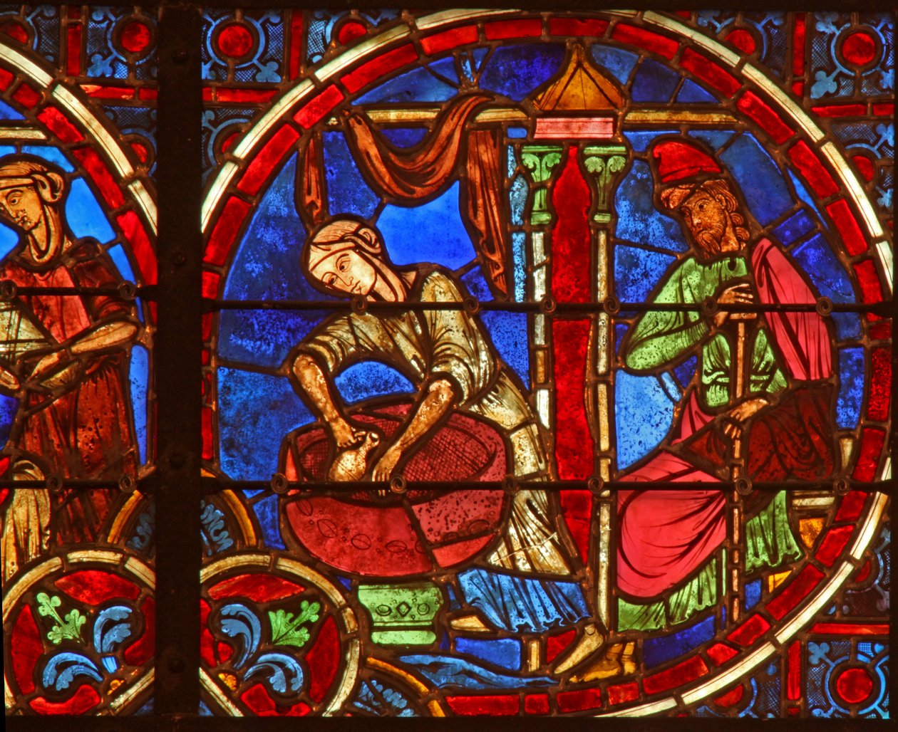 Window depicting the Nativity with midwives by French School