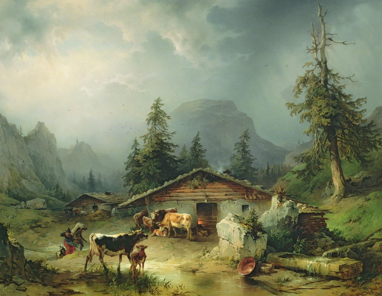 Alpine Hut in Rainy Weather by Friedrich Gauermann