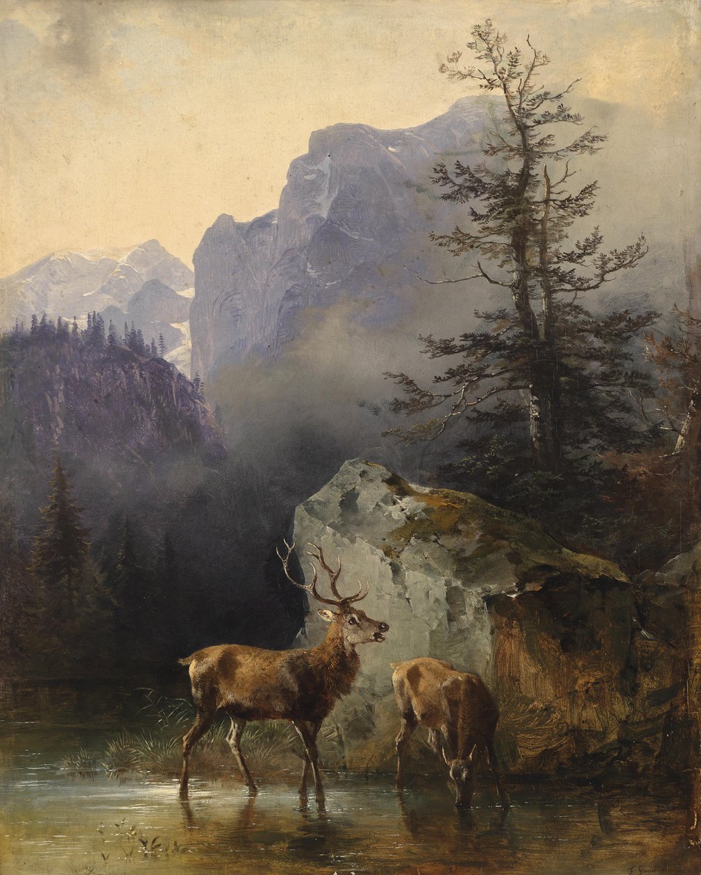 Deer and Animal at the Watering Place by Friedrich Gauermann