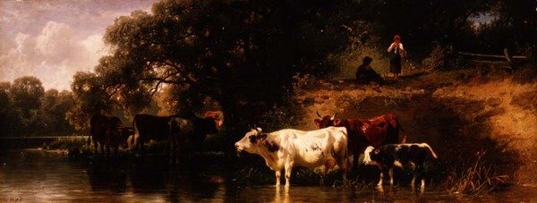 Cattle Watering in a Wooded Landscape by Friedrich Johann Voltz