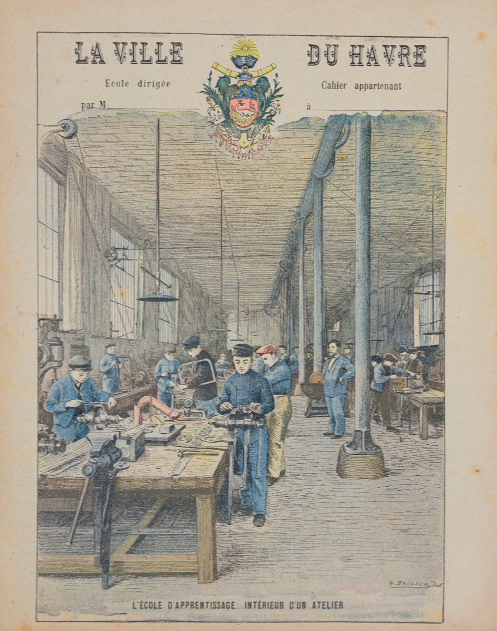 Apprentice School, Interior of a Workshop, Front Cover of a Schoolbook by G. Dascher