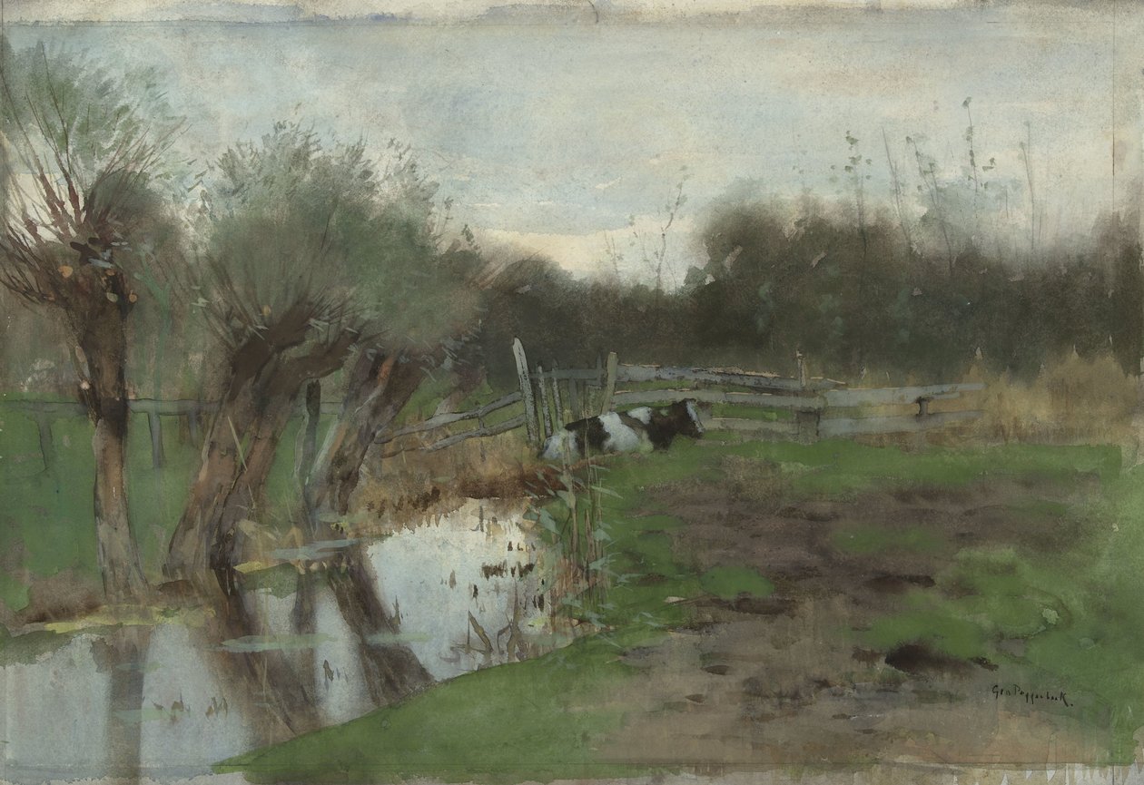 Pasture with Lying Cow by a Ditch by Geo Poggenbeek