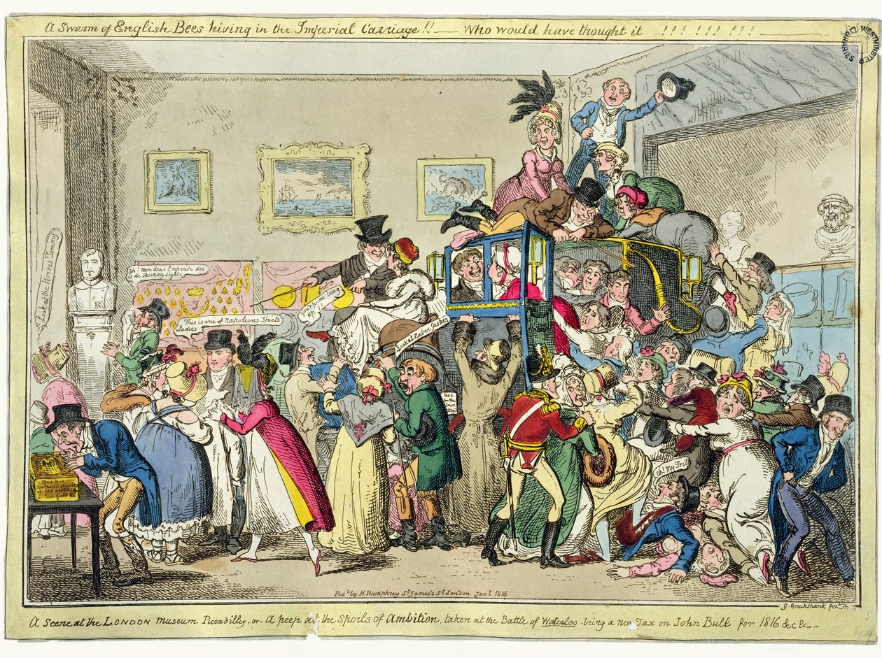 A Swarm of English Bees Hiving in the Imperial Carriage!! - Who Would Have Thought It!! A Scene at the London Museum, Piccadilly, or A Peep at the Spoils of Ambition taken at the Battle of Waterloo by George Cruikshank