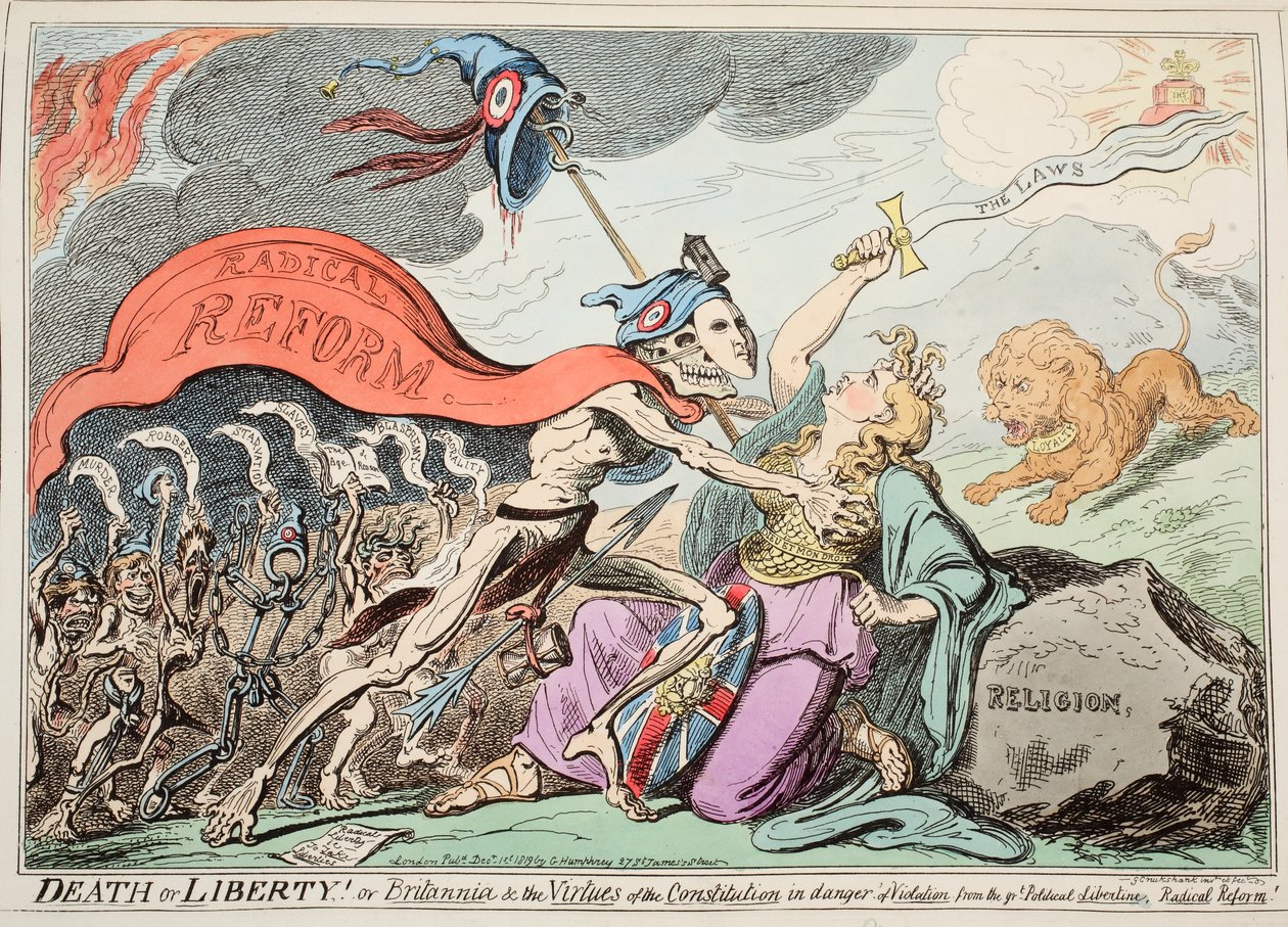 Death or Liberty! Or Britannia und the Virtues of the Constitution in danger of Violation from the Great Political Libertine, Radical Reform!, pub. 1819 by George Cruikshank