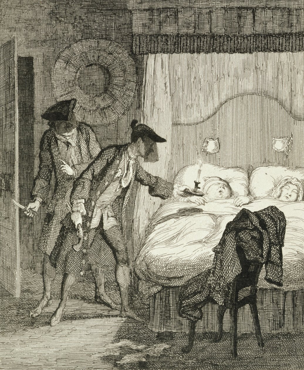 Jack and his accomplice Blueskin rob Mr Wood and his wife in their bedroom by George Cruikshank