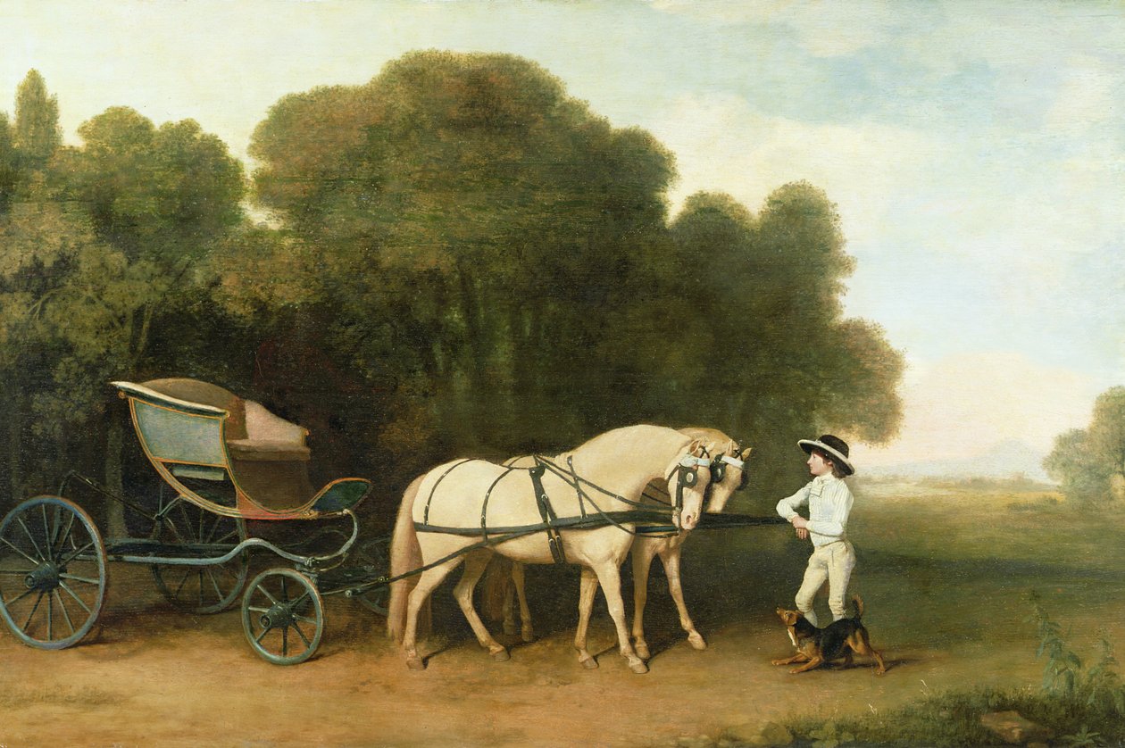 A Phaeton with a Pair of Cream Ponies in the Charge of a Stable-Lad, c.1780-5 by George Stubbs