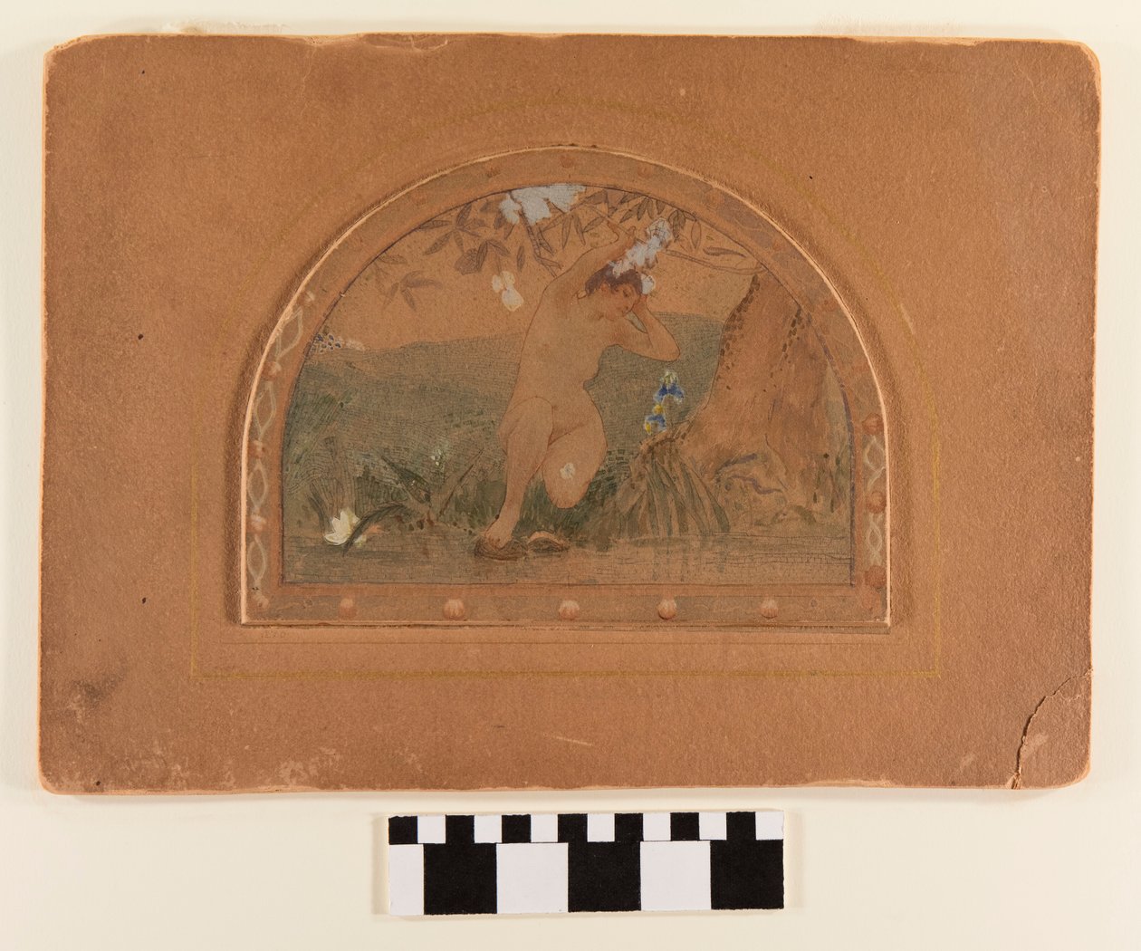 Semicircular Watercolor on Board of a Nude Woman on the Bank of a Stream by George W. Chambers