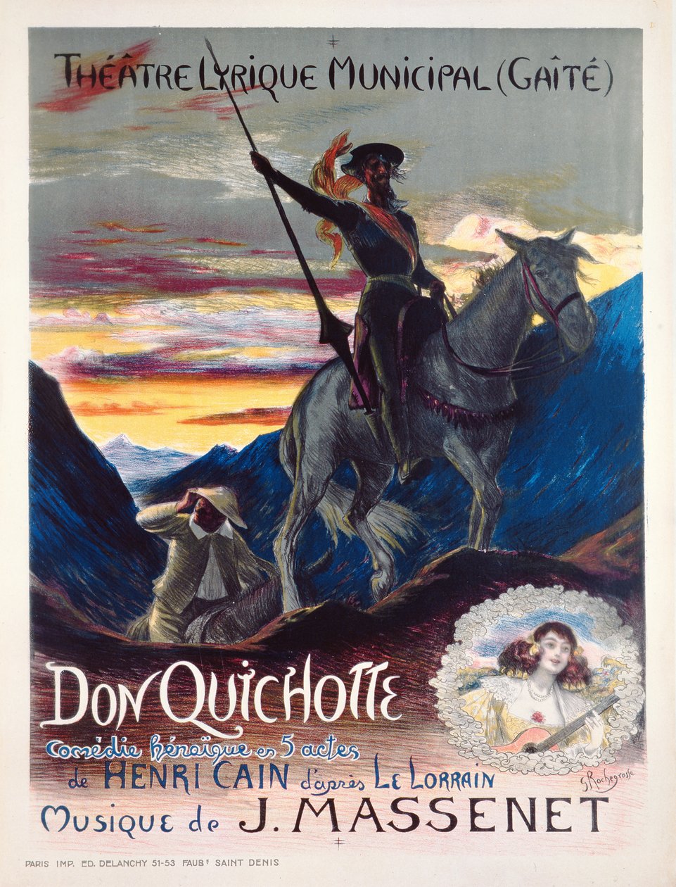 Poster advertising the first production of the opera, Don Quichotte, at the yaite-Lyrique Theatre in Monte Carlo by Georges Marie Rochegrosse