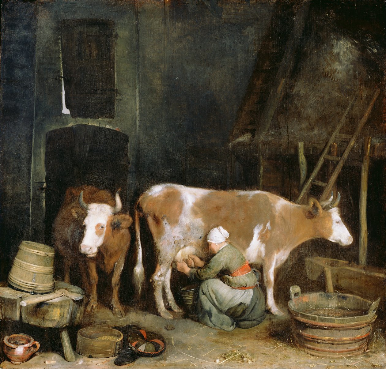 A Maid Milking a Cow in a Barn by Gerard ter Borch